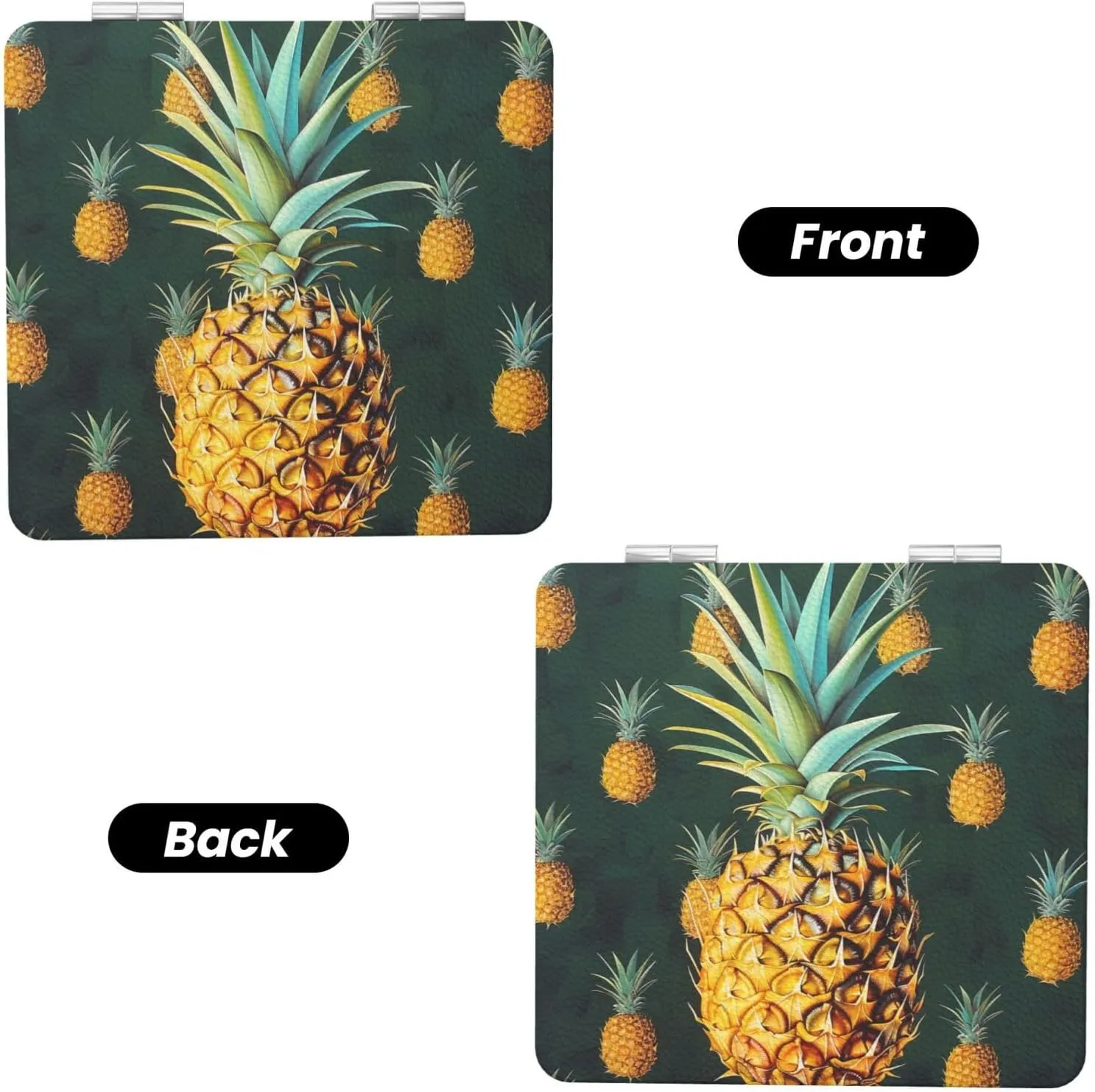 Tropical Fruit Pineapple Printed Square Pocket Makeup Mirror with 1X/2X Magnification, Portable Mini Travel Makeup Mirror for Travel Daily Work Beauty