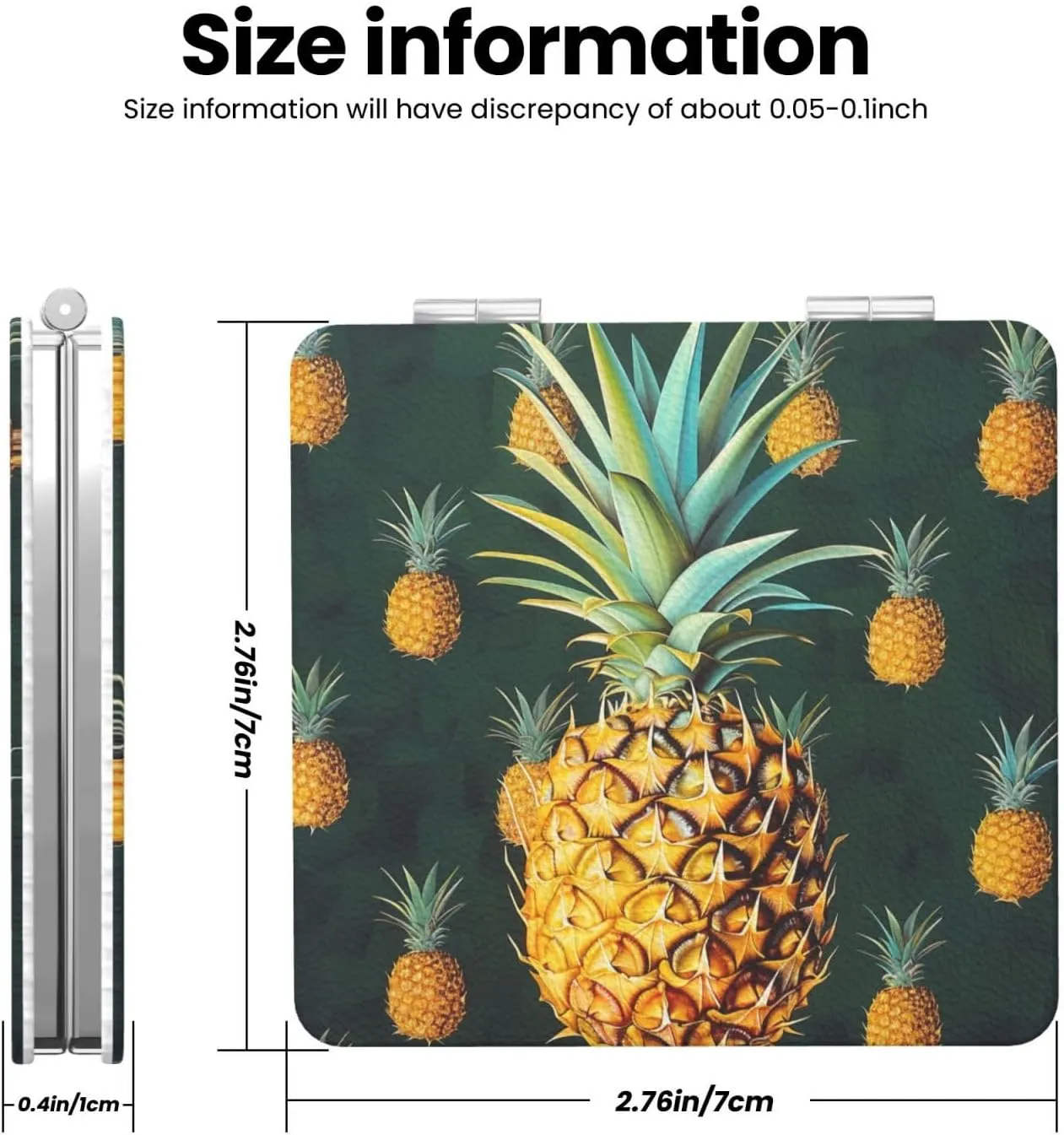 Tropical Fruit Pineapple Printed Square Pocket Makeup Mirror with 1X/2X Magnification, Portable Mini Travel Makeup Mirror for Travel Daily Work Beauty