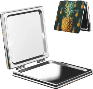Tropical Fruit Pineapple Printed Square Pocket Makeup Mirror with 1X/2X Magnification, Portable Mini Travel Makeup Mirror for Travel Daily Work Beauty
