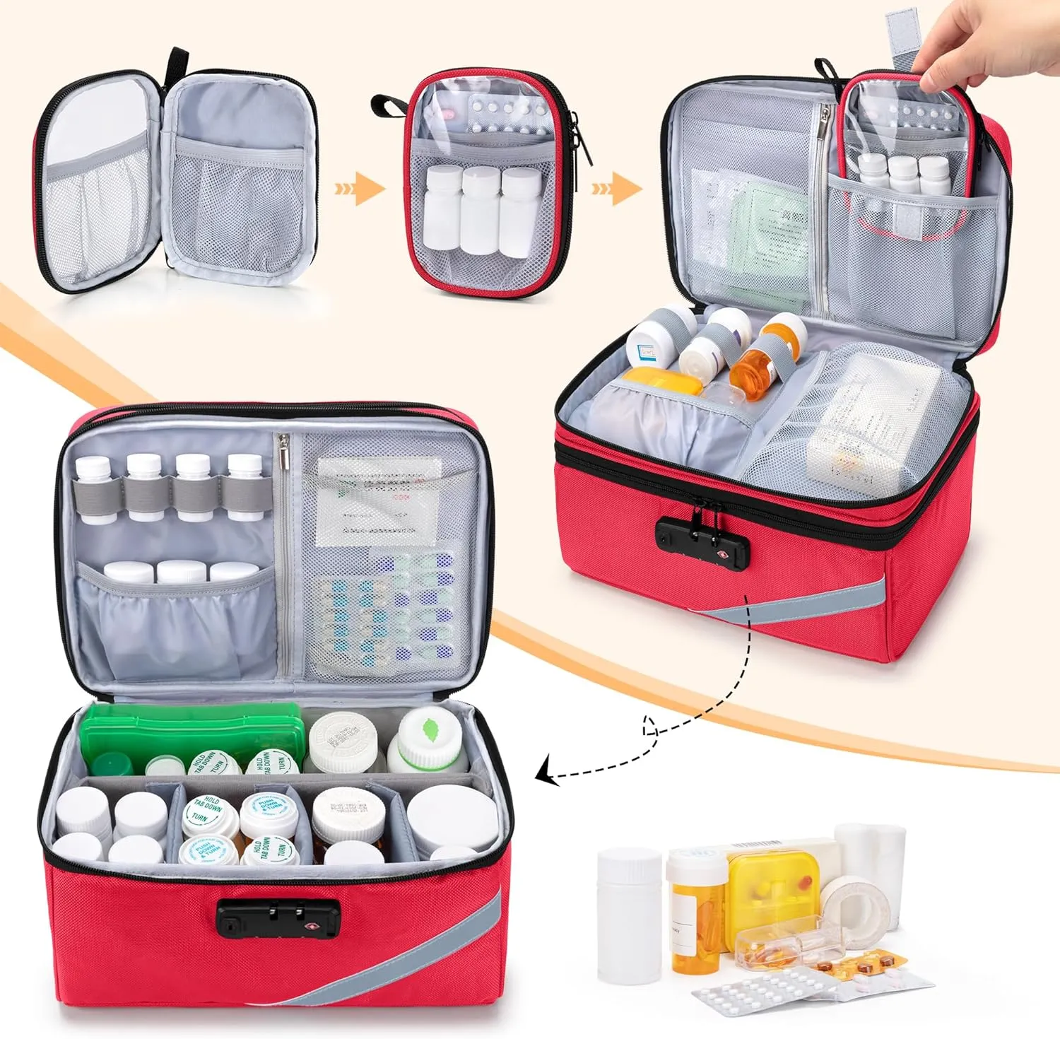 Trunab Medicine Storage Bag with Combination Lock, Lockable Pill Bottle Organizer, Travel Medication Carry Case for Medicine Box, Prescription, Vitamins, Supplements or Medical Supplies