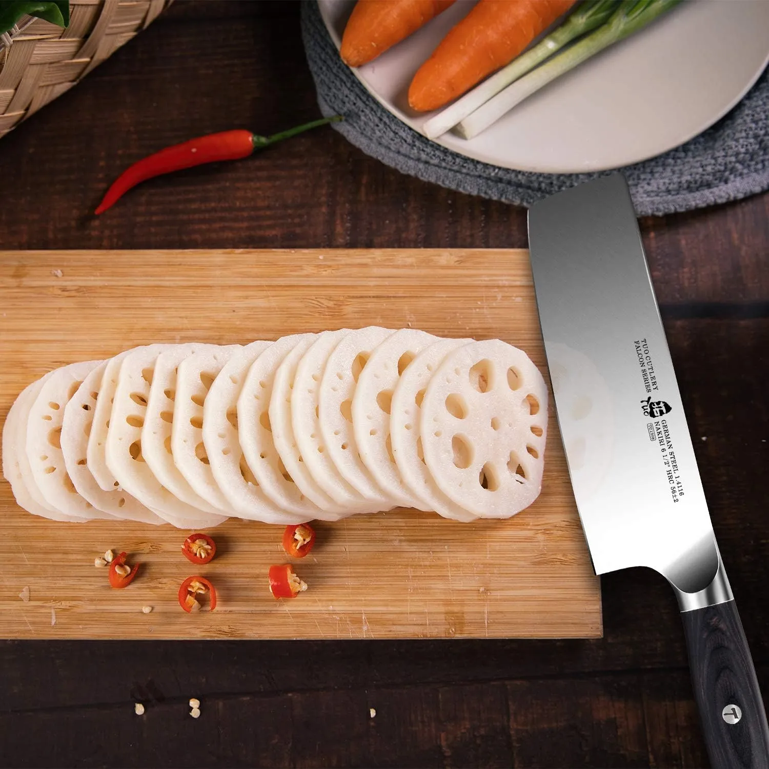 TUO Nakiri Knife - 6.5 Inch Vegetable Chopping Knife - High Carbon German Steel - Ergonomic Pakkawood Handle with Gift Box - Falcon Series
