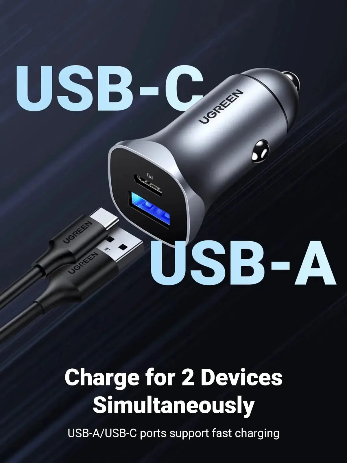 Ugreen Dual Port USB-C & USB-A Fast Car Charger 18W 30780
