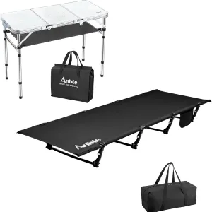 Ultralight Camping Cot Save Effort, Comfortable Camping Bed Supports 350 Lbs with Side Pocket & Folding Camping Table with Storage Net, 3ft Camping Table
