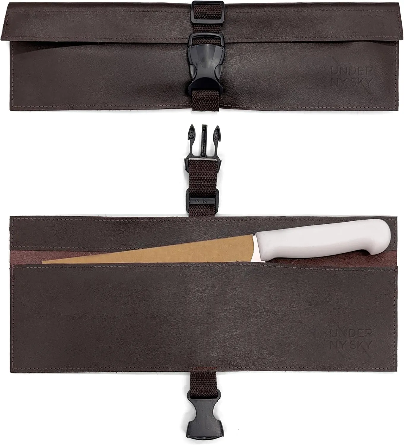 Under NY Sky Genuine Leather Knife Roll Case - 1 Slot - Real Leather Pouch - Portable Bag for Cooking Tools, Utensils, Cutlery Knives, Brushes - Chefs, Kitchen, Travel, Gift - Brown L