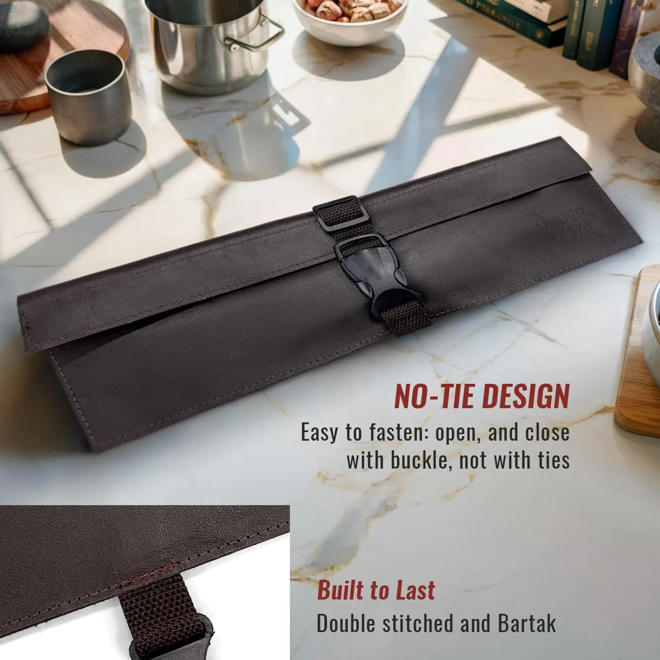 Under NY Sky Genuine Leather Knife Roll Case - 1 Slot - Real Leather Pouch - Portable Bag for Cooking Tools, Utensils, Cutlery Knives, Brushes - Chefs, Kitchen, Travel, Gift - Brown L