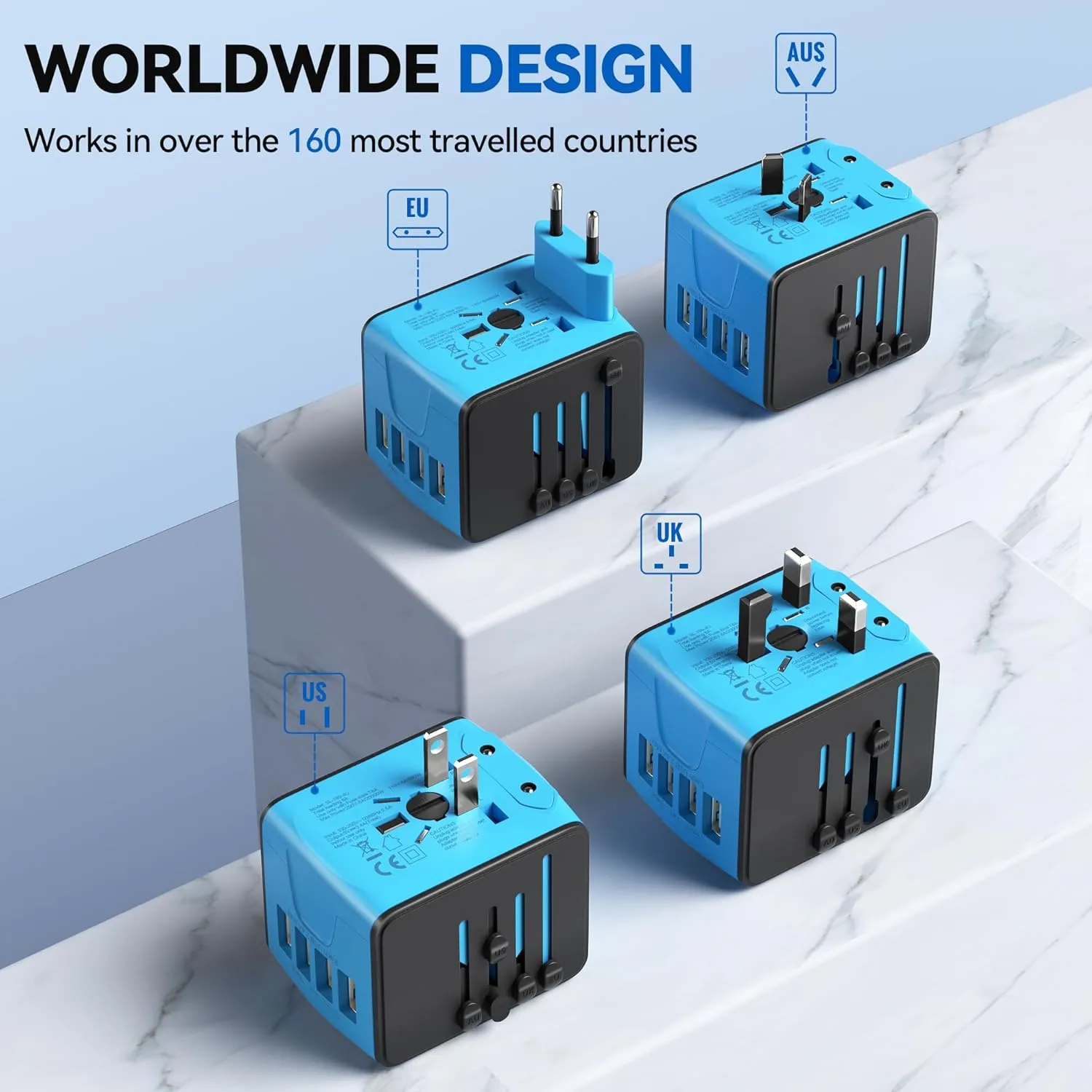 Unidapt Universal Travel Adapter, International Plug Adapter Fast 2,4A 4-USB European Power Plug, AC Wall Charger – Worldwide Outlet for Europe US USA UK EU AUS, Blue