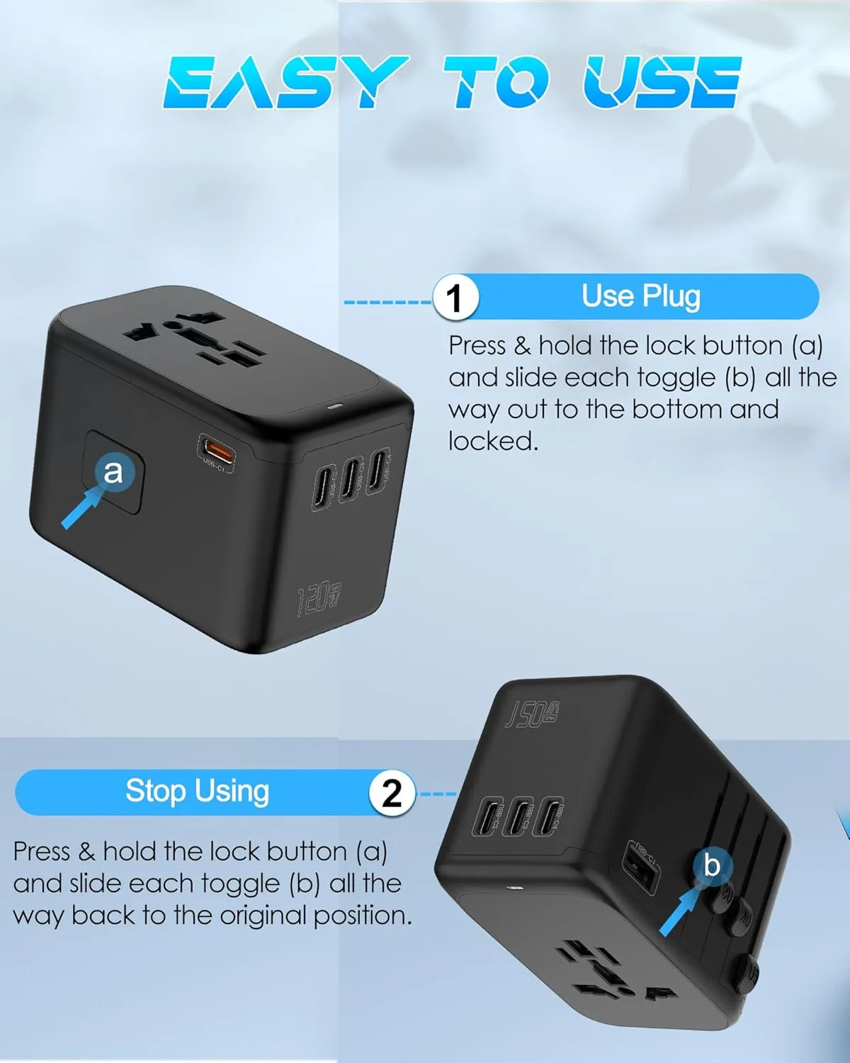 Universal Travel Adapter, 120W GaN International Power Plug Adapter with 4 USB-C & 1 USB-A Ports, Worldwide Travel Charger with US/UK/EU/AUS Plugs for 200 Countries