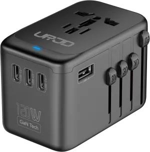 Universal Travel Adapter, 120W GaN International Power Plug Adapter with 4 USB-C & 1 USB-A Ports, Worldwide Travel Charger with US/UK/EU/AUS Plugs for 200 Countries