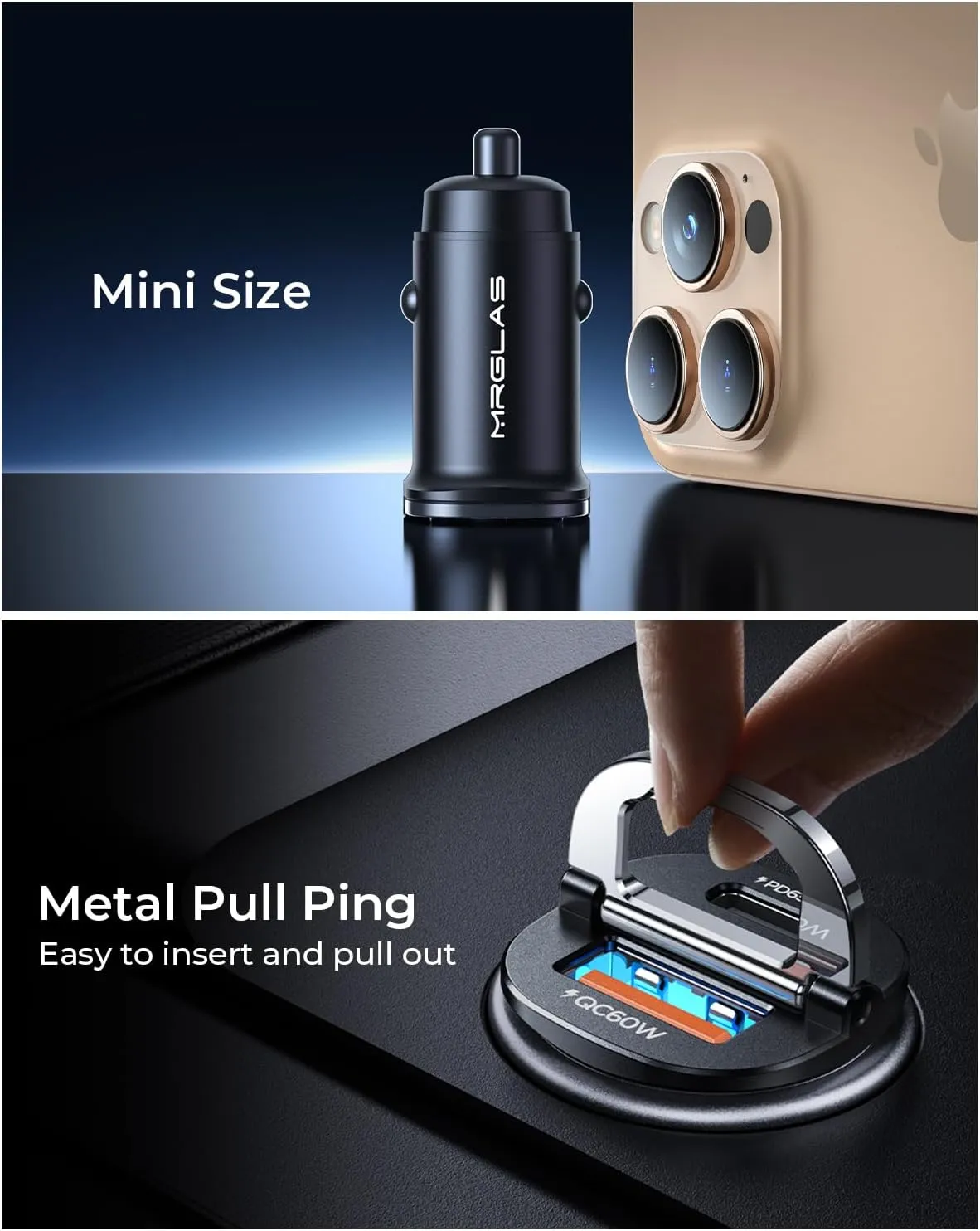 【Upgraded】 125W USB C Car Charger Super Fast Charging for iPhone 16, [PD65W & QC60W][All Metal] MRGLAS Cigarette Lighter Car Charger,Car Accessories Dual Port for iPhone 15 iPad Samsung S25 MacBook