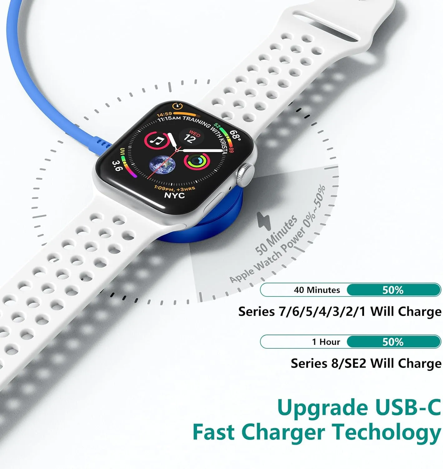 Upgraded Apple Watch Charger, iPhone Watch Charger, Magnetic iWatch Fast Charger to USB C Cable 6ft with USB C Charger Block for iWatch Series Ultra/9/8/7/6/SE/SE2/5/4/3,Blue