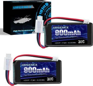 URGENEX SCX24 lipo 7.4V Lipos 2S 30C 900mAh Rechargeable lipo with PH2.0 Plug Compatible with Most 1/10, 1/16, 1/18, 1/24 Scale RC Cars Trucks