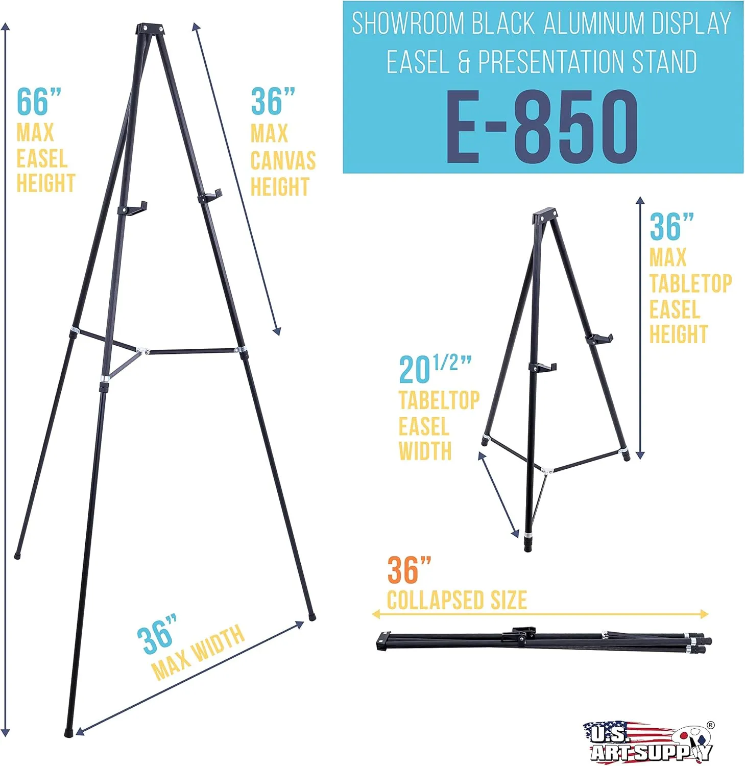 U.S. Art Supply 66" High Black Metal Display Easel - Large Adjustable Height Portable Easel Stand, Sign Display, Holds 25 lbs - Floor & Tabletop Easels, Painting Stand