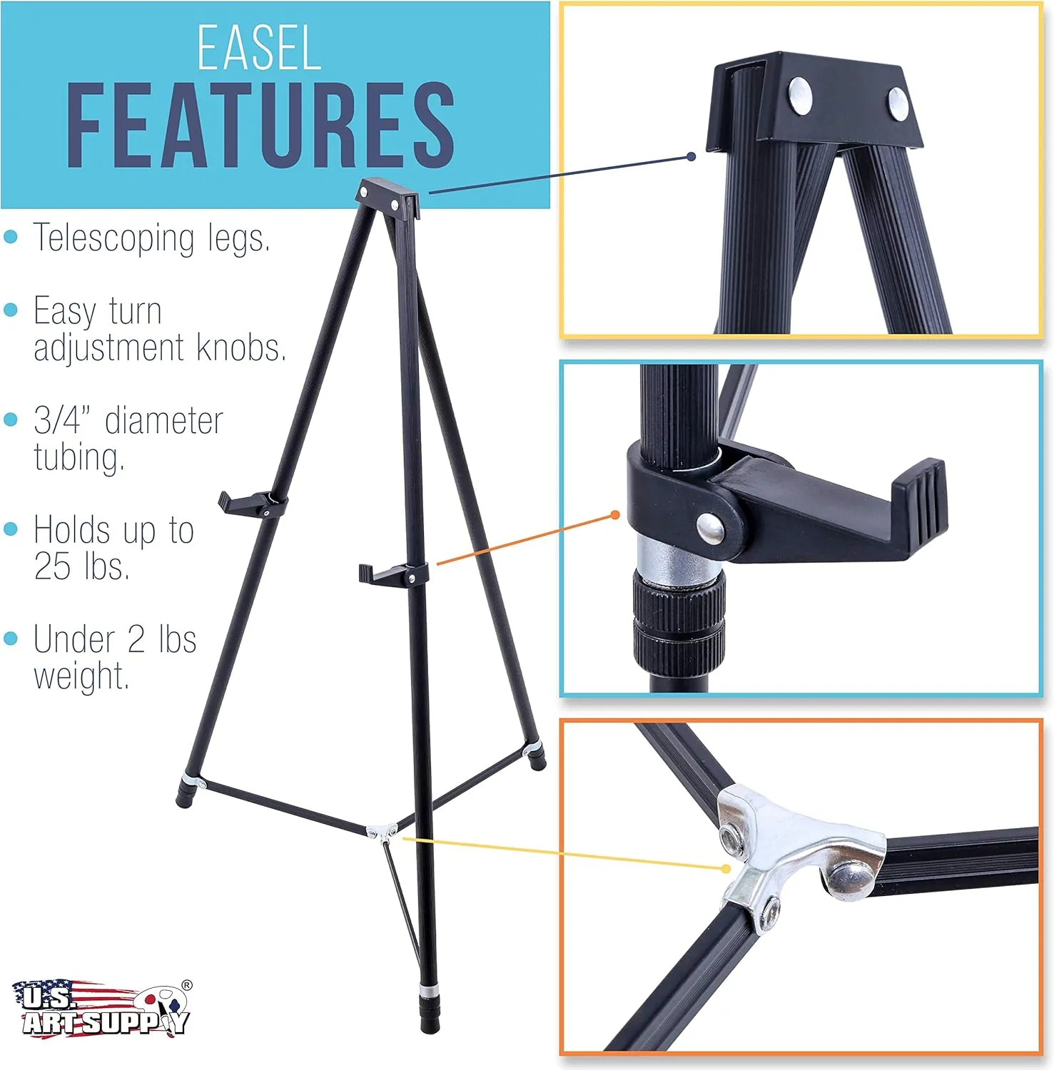 U.S. Art Supply 66" High Black Metal Display Easel - Large Adjustable Height Portable Easel Stand, Sign Display, Holds 25 lbs - Floor & Tabletop Easels, Painting Stand