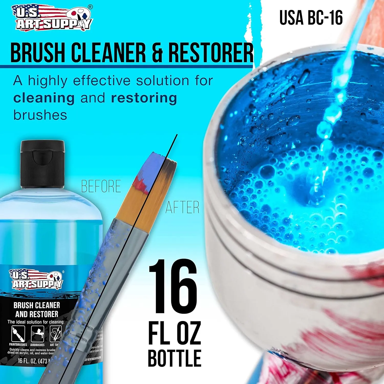 U.S. Art Supply Brush Cleaner and Restorer, 16 Ounce Bottle - Quickly Cleans Paint Brushes, Airbrushes, Art Tools - Cleaning Solution to Remove Dried On Acrylic, Oil and Water-Based Paint Colors