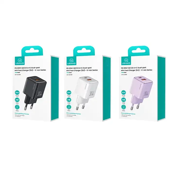 Usams US-CC189 Dual-Port Mini Wall Fast Charger (EU) X-Ron Series-PD 30W  QC 3.0 A C, USB-A Type-C