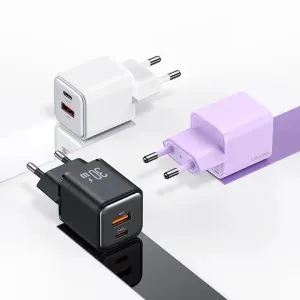 Usams US-CC189 Dual-Port Mini Wall Fast Charger (EU) X-Ron Series-PD 30W  QC 3.0 A C, USB-A Type-C