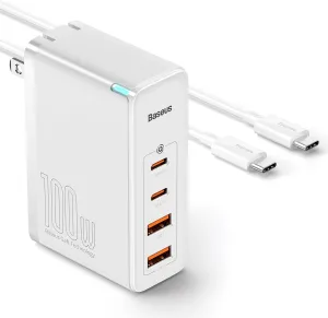 USB C Charger, Baseus 100W 4-Port GaN II Wall Charger, USB C Fast Charger Block with 2A 2C Ports for iPhone Series, MacBook, iPad, Laptops, AirPods, Apple Watch (White)