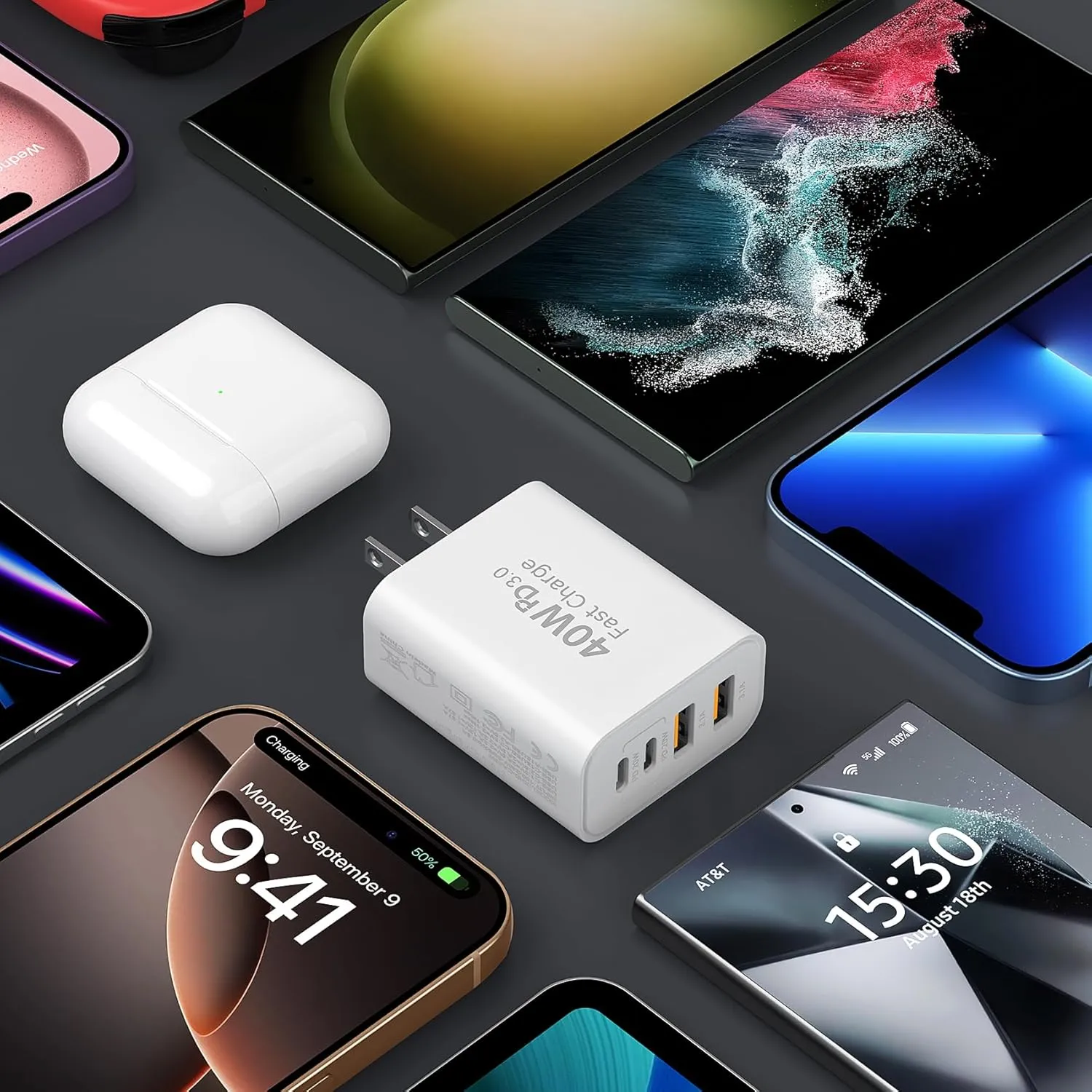 USB C Charger Block, 40W 4-Port Type C Charger Fast Phone Charging Block Cube PD Power Adapter QC 3.0 USB A Wall Charger Plug Type C Brick Box for iPhone 16/15/14/13/12 Pro Max, iPad, 2Pack