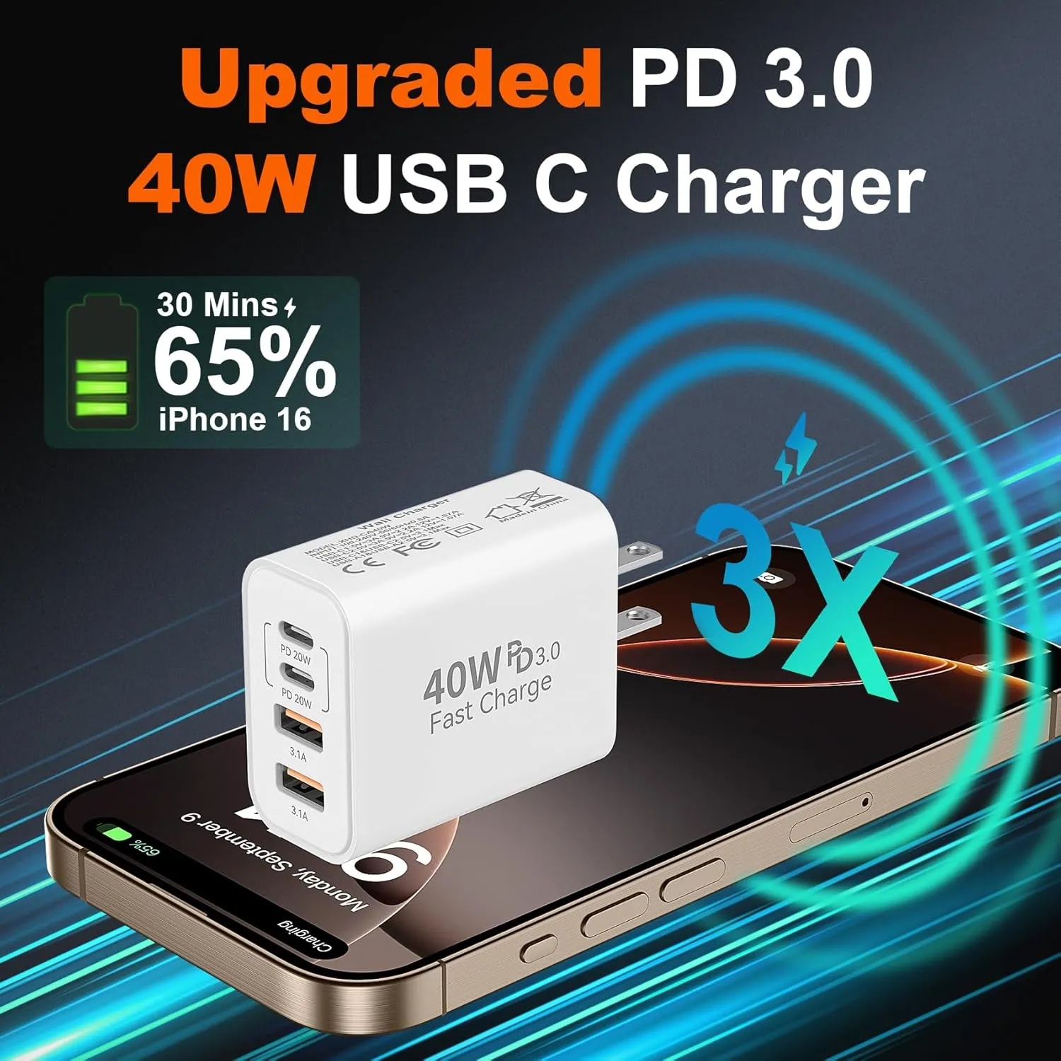 USB C Charger Block, 40W 4-Port Type C Charger Fast Phone Charging Block Cube PD Power Adapter QC 3.0 USB A Wall Charger Plug Type C Brick Box for iPhone 16/15/14/13/12 Pro Max, iPad, 2Pack