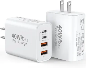 USB C Charger Block, 40W 4-Port Type C Charger Fast Phone Charging Block Cube PD Power Adapter QC 3.0 USB A Wall Charger Plug Type C Brick Box for iPhone 16/15/14/13/12 Pro Max, iPad, 2Pack