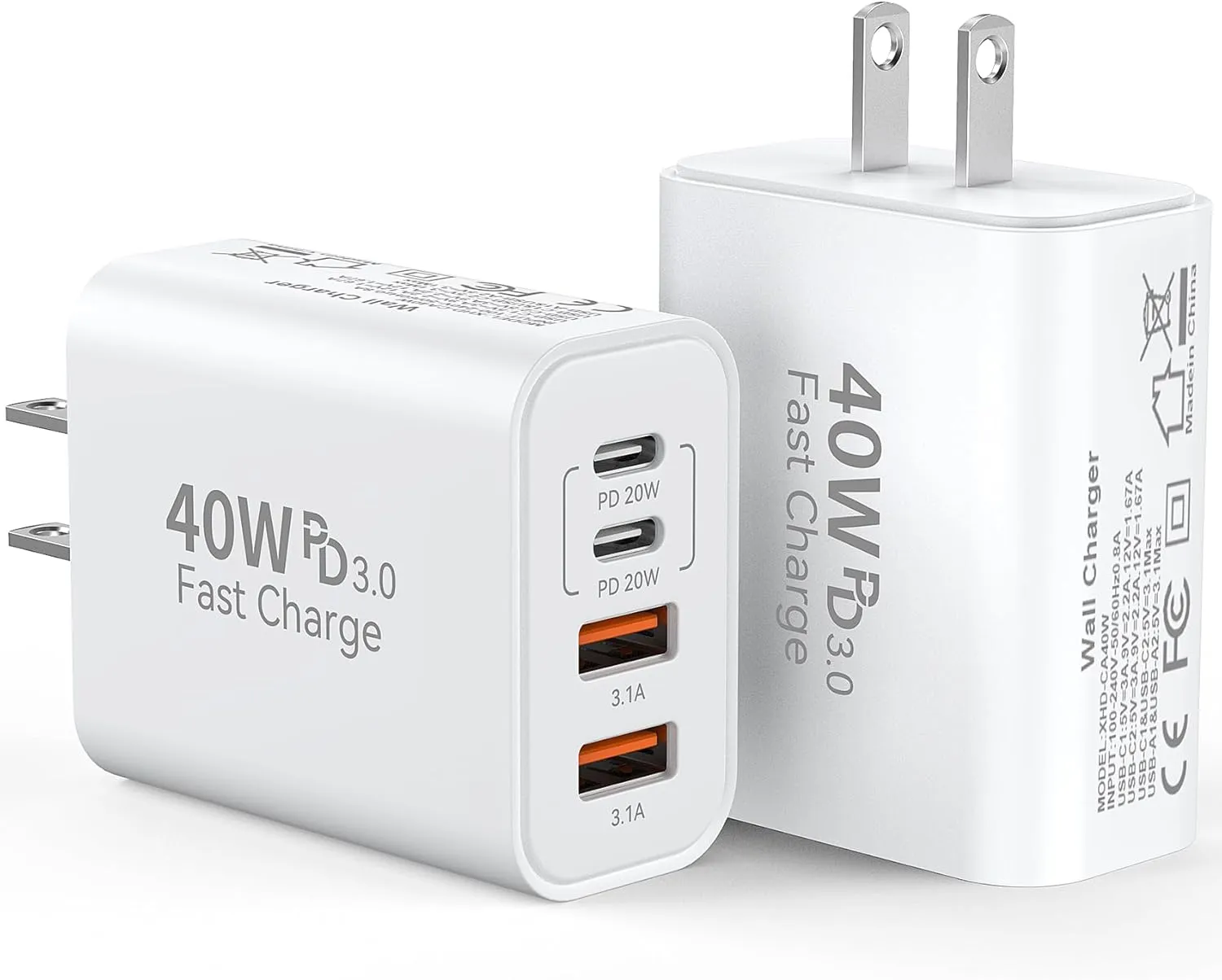 USB C Charger Block, 40W 4-Port Type C Charger Fast Phone Charging Block Cube PD Power Adapter QC 3.0 USB A Wall Charger Plug Type C Brick Box for iPhone 16/15/14/13/12 Pro Max, iPad, 2Pack
