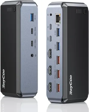 USB C Docking Station Triple Monitor, Raycue 15 IN1 MacBook Pro Docking Station with Power Adapter for MacBook M1/M2/M3/Windows, Laptop Docking Station with HDMI*3, RJ45, 10Gbps USB*5, PD, USB 3.0*2