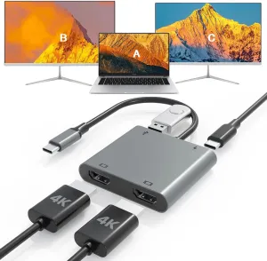 USB C to Dual HDMI Adapter, 4K@60Hz Type C to 2 HD Splitter Extended Display, 100W PD, USB-A Port – macOS Only Supports Mirror Mode, Windows Supports Dual Extended Displays