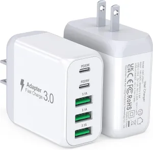 USB C Wall Charger Block, 2Pack 50W 5-Port C Charger Fast Charging Block PD Power Adapter  QC 3.0 Multiport Type C Box Brick Cube USB A Wall Plug for iPhone 16/15/14 Pro Max Plus, iPad,Samsung Galaxy