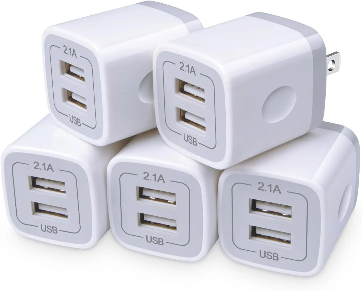 USB Charger Wall Plug, FiveBox 5Pack 2.1Amp Fast 2Ports USB Wall Power Adapter Charging Block Base Charger Brick Cube Box for iPhone 16e 16 15 14 13 12 11 Xs XR X 8 7, Android