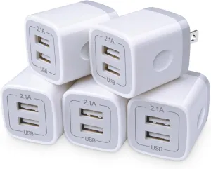USB Charger Wall Plug, FiveBox 5Pack 2.1Amp Fast 2Ports USB Wall Power Adapter Charging Block Base Charger Brick Cube Box for iPhone 16e 16 15 14 13 12 11 Xs XR X 8 7, Android