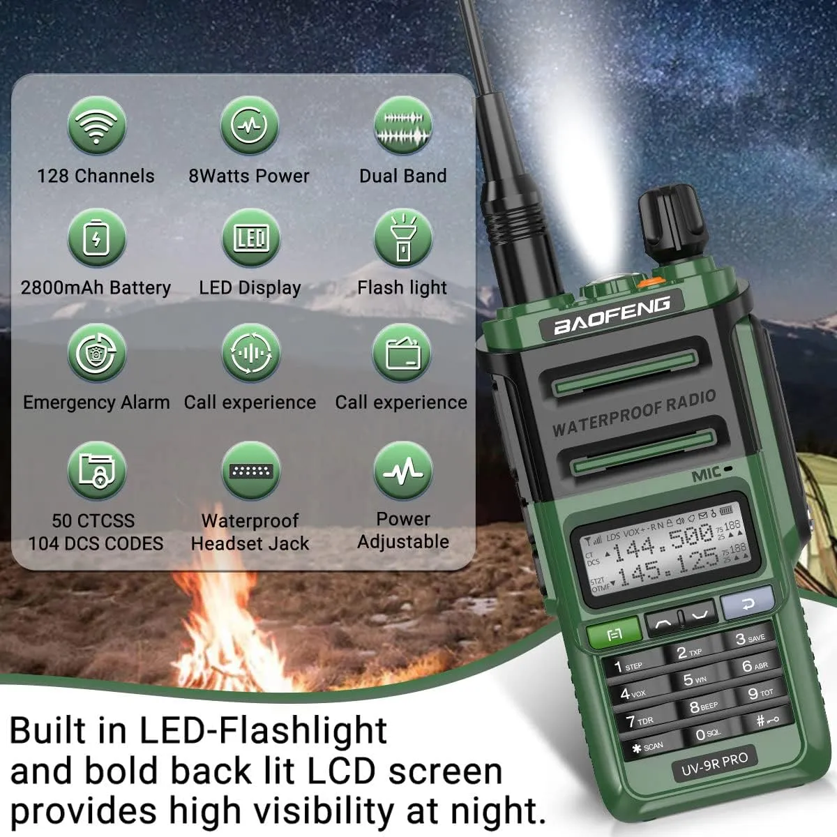 UV-9R Pro 8W Ham Radio Long Range Handheld Dual Band Tri- Power Two-Way Radio Waterproof Transceiver Walkie Talkies Rechargeable with Type-C Charging Cable for Camping Hunting Survival Gear