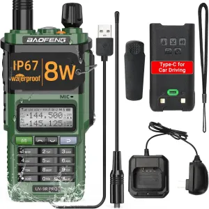 UV-9R Pro 8W Ham Radio Long Range Handheld Dual Band Tri- Power Two-Way Radio Waterproof Transceiver Walkie Talkies Rechargeable with Type-C Charging Cable for Camping Hunting Survival Gear