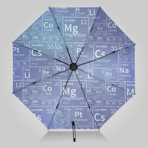 UV Blocking Automatic Open Umbrella Chemical-periodic-table-funny Portable Travel Folding Umbrellas with Cover Bag