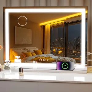 Vanity Mirror with Lights, 30" x 22" Large Tabletop Makeup Mirror with LED Lights, Smart Touch Dimmable 3-Color Light, Memory Function, USB Charging Port, Square Corner