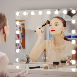 Vanity Mirror with Lights, Hollywood Lighted Makeup Mirror with 18 Dimmable Led Bulbs, 3 Color Lighting Modes, USB Charging Port Touch Control 10x Magnification 26 × 22 inch