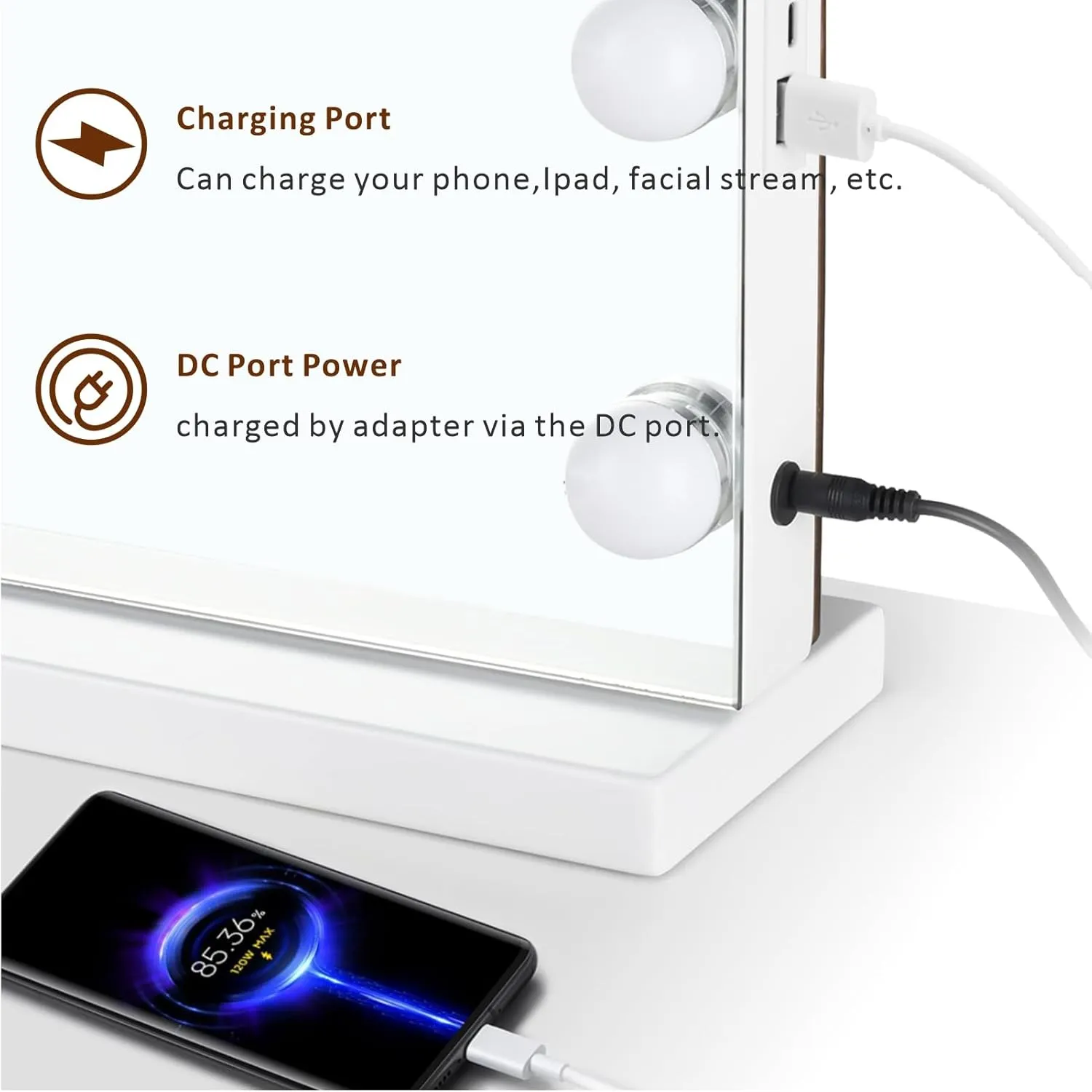 Vanity Mirror with Lights, Hollywood Lighted Makeup Mirror with 18 Dimmable Led Bulbs, 3 Color Lighting Modes, USB Charging Port Touch Control 10x Magnification 26 × 22 inch