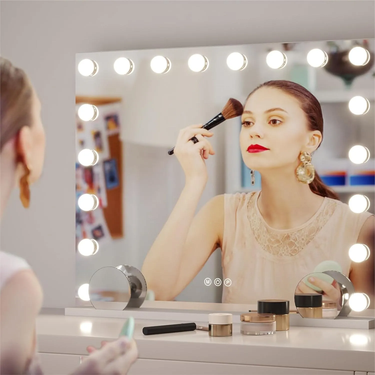 Vanity Mirror with Lights, Hollywood Lighted Makeup Mirror with 18 Dimmable Led Bulbs, 3 Color Lighting Modes, USB Charging Port Touch Control 10x Magnification 26 × 22 inch