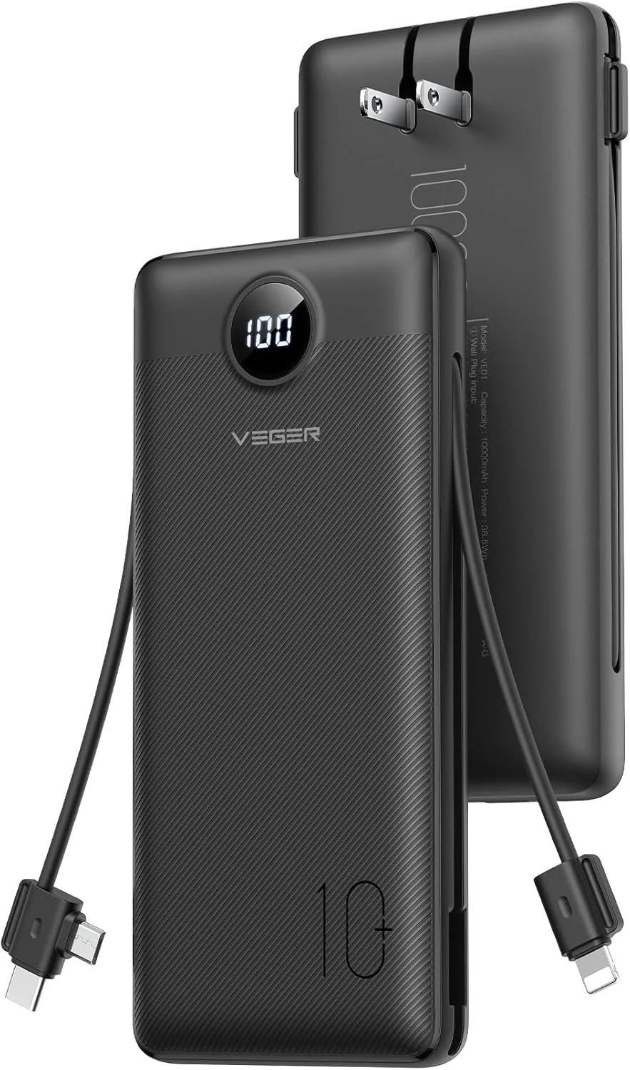 VEGER Portable Charger for iPhone Built in Cables and Wall Plug, 10000mah Slim Fast Charging USB C Power Bank, Travel Essential Battery Pack Compatible with iPhone, iPad, Samsung More Devices(Black)