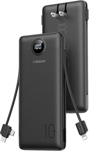 VEGER Portable Charger for iPhone Built in Cables and Wall Plug, 10000mah Slim Fast Charging USB C Power Bank, Travel Essential Battery Pack Compatible with iPhone, iPad, Samsung More Devices(Black)