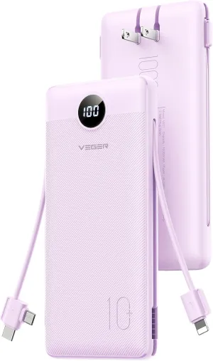 VEGER Portable Charger for iPhone Built in Cables and Wall Plug, 10000mah Slim Fast Charging USB C Power Bank, Travel Essential Battery Pack Compatible with iPhone, iPad, Samsung More Devices(Purple)