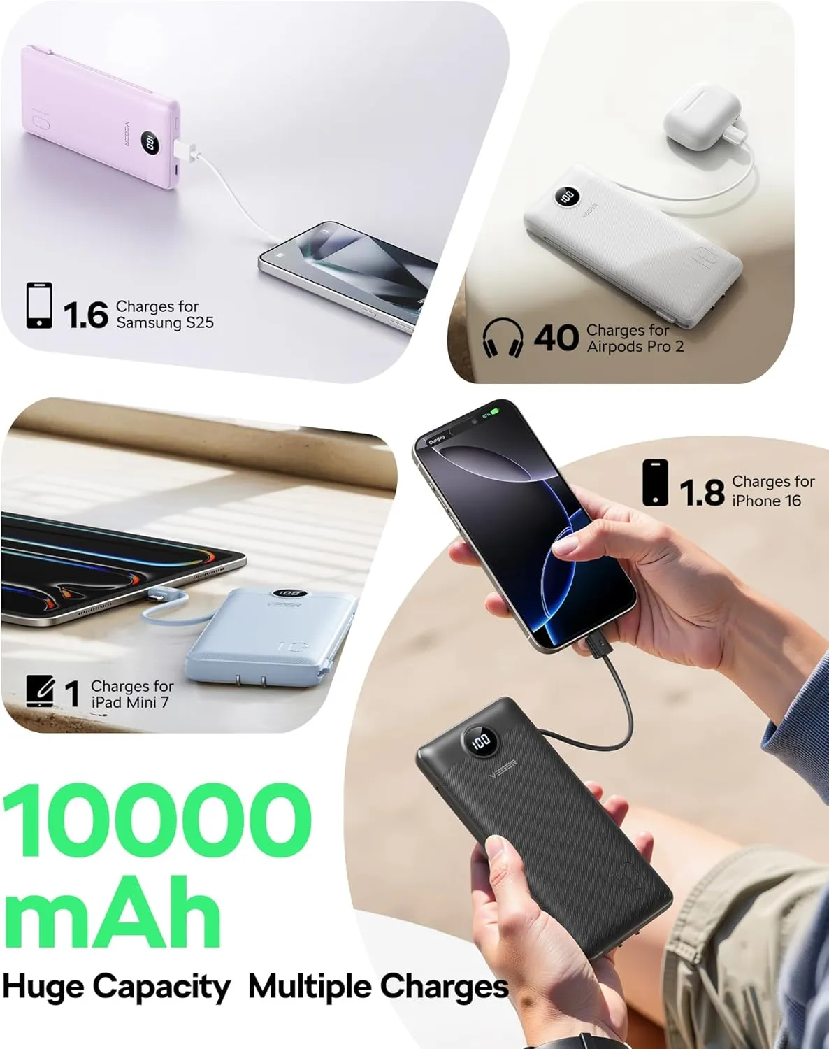 VEGER Portable Charger for iPhone Built in Cables and Wall Plug, 10000mah Slim Fast Charging USB C Power Bank, Travel Essential Battery Pack Compatible with iPhone, iPad, Samsung More Devices(Purple)