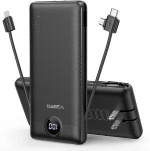 VEGER Portable Charger for iPhone Built in Cables and Wall Plug, 10000mah Slim Fast Charging USB C Power Bank, Travel Essential Battery Pack Compatible with iPhones, iPad, Samsung, and More(Black)