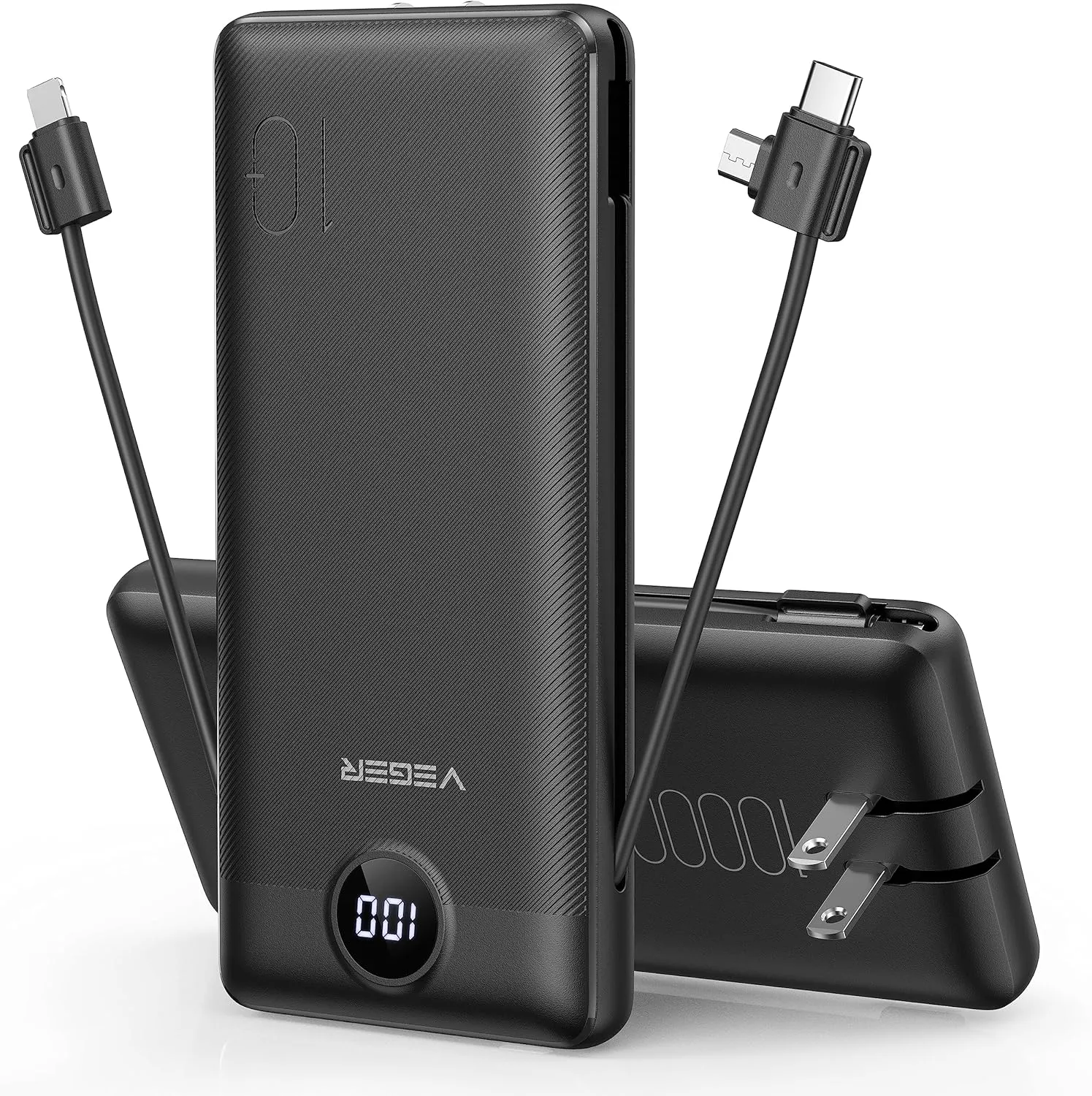VEGER Portable Charger for iPhone Built in Cables and Wall Plug, 10000mah Slim Fast Charging USB C Power Bank, Travel Essential Battery Pack Compatible with iPhones, iPad, Samsung, and More(Black)