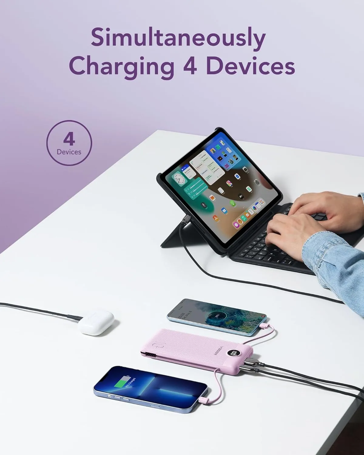 VEGER Portable Charger for iPhone Built in Cables and Wall Plug, 10000mah Slim Fast Charging USB C Power Bank, Travel Essential Battery Pack Compatible with iPhones, iPad, Samsung More Devices(Purple)