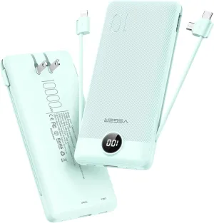 VEGER Portable Charger for iPhone with Built in Cables and Wall Plug, 10000mah Slim Fast Charging USB C Power Bank, Travel Essential Battery Pack Compatible with iPhone, iPad, Samsung etc(Green)