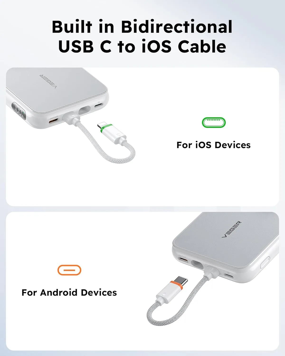 VEGER Portable Charger with Built in Cable(Removable), 10000mAh Mini Power Bank Battery Pack, PD 20W Fast Charger Travel Accessory Compatible with iPhone 15/14/13 Pro Max, Sumsang, Apple Watch-White