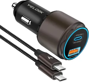 VELOGK Super Fast Type C Car Charger [73W Turbo], Metal Adaptive 55W 45W PPS/PD&QC3.0 USB C Car Adapter[Super Fast Charging 2.0]for Samsung S25 Ultra/S24 Ultra/S23 Ultra/S22 /S21/S20,iPad Pro,Macbook