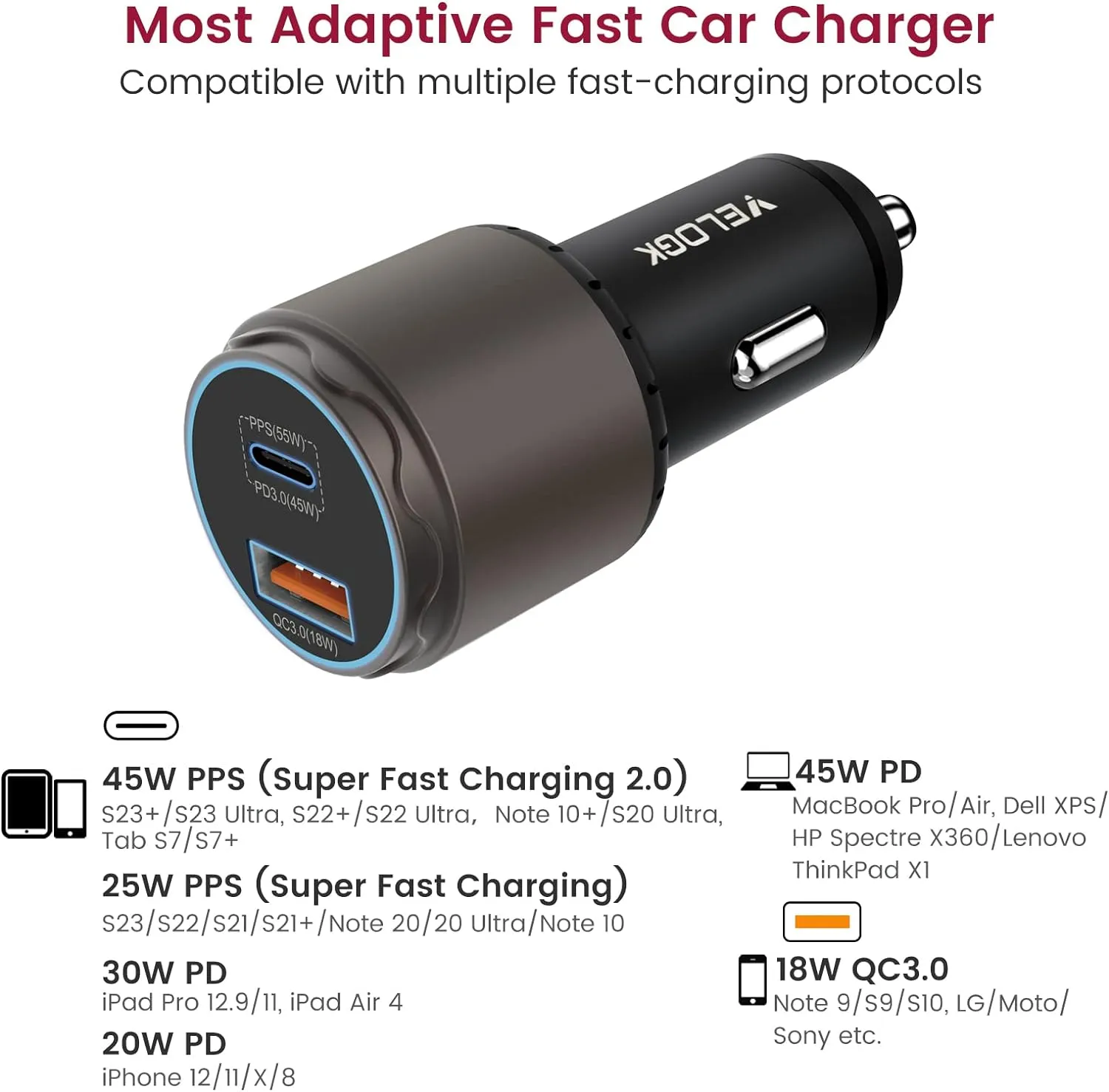 VELOGK Super Fast Type C Car Charger [73W Turbo], Metal Adaptive 55W 45W PPS/PD&QC3.0 USB C Car Adapter[Super Fast Charging 2.0]for Samsung S25 Ultra/S24 Ultra/S23 Ultra/S22 /S21/S20,iPad Pro,Macbook