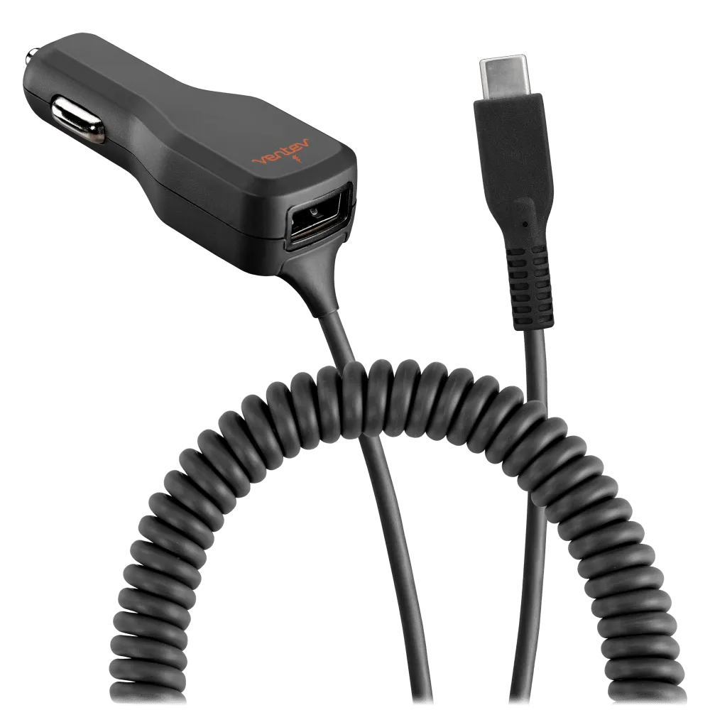 Ventev 20W ULTRAFAST Dual USB A and USB C Car Charger and Connected USB C Cable Gray