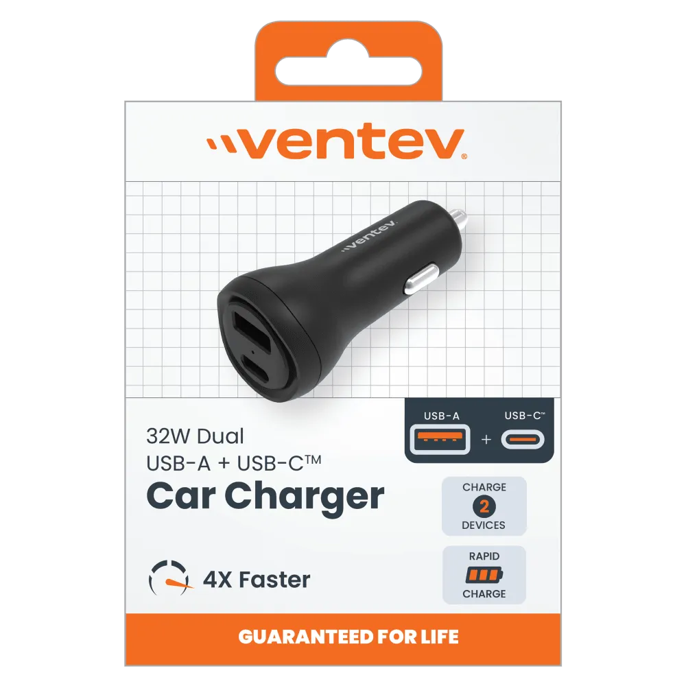 Ventev 32W ULTRAFAST USB C and USB A Universal Dual Car Charger Black